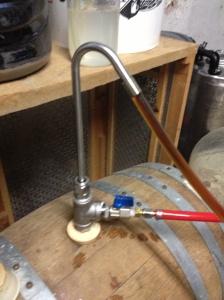 The pressure racking cane pushing some beer out of my barrel.